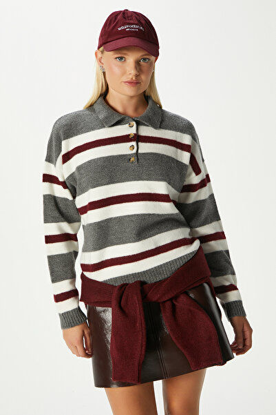 Ritnice Kadın Otto Yumuşak Dokulu Pola Yaka Antrasit Bordo Çizgili Kazak