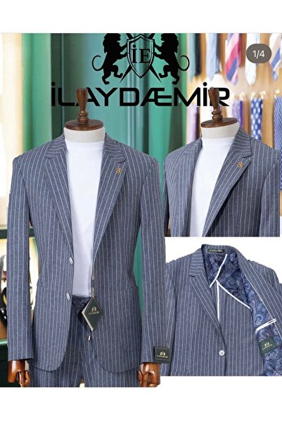 ilayda emir بدلة رجالية مخططة بتصميم خاص باللون الرمادي الفولاذي