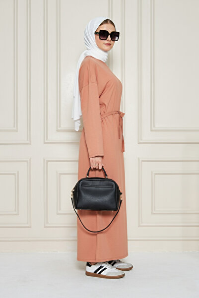 CrazyShopping Γυναικείο μακρυμάνικο βαμβακερό μάξι φόρεμα με στρογγυλή λαιμόκοψη και ζώνη στη μέση