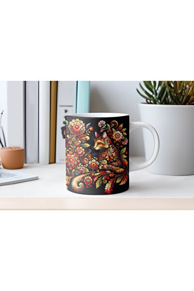 Beramussa Renkli Mandala Tarzı Kedi Figürlü Kupa Bardak – Siyah Kedi ve Çiçek...