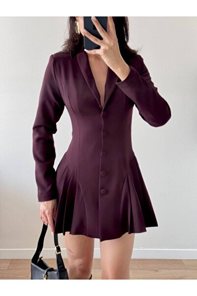 LOCH BUTİK Γυναικείο καφέ μακρυμάνικο πλισέ φόρεμα με κουμπιά