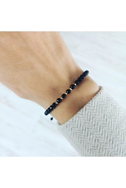 iNGRiKO Bratara cu bile de aur galben 14K si pietre semipretioase onix 4mm