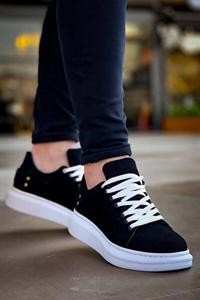 Zerenyus Zrk047 Black and White Suede Thick Sole Lace-Up Casual Men's Sports Shoes
