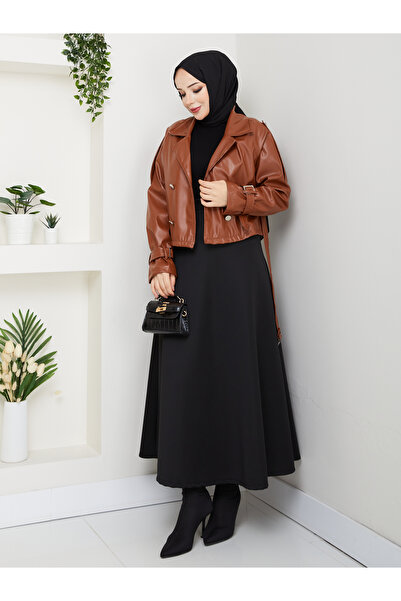 MODAMERSİ Women's Tan Belted Short Leather Jacket with Shoulder Epaulettes