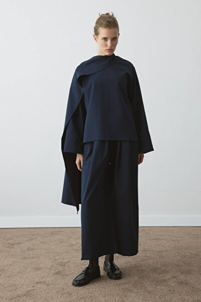 Hooopstore High Waist Draped Pleated Detail Navy Blue Trousers