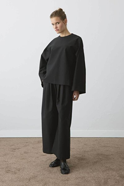 Hooopstore High Waist Draped Pleated Detail Black Trousers