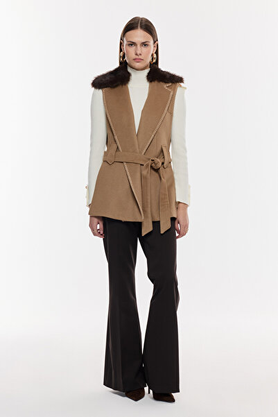 NAGRADA Kürk Yaka Kuşaklı Şık Yelek