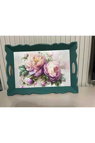 DERYA DESİNG ART Flower Patterned Hand Painted Wooden Tea-Coffee Tray, Presentation Tray 39X27Cm
