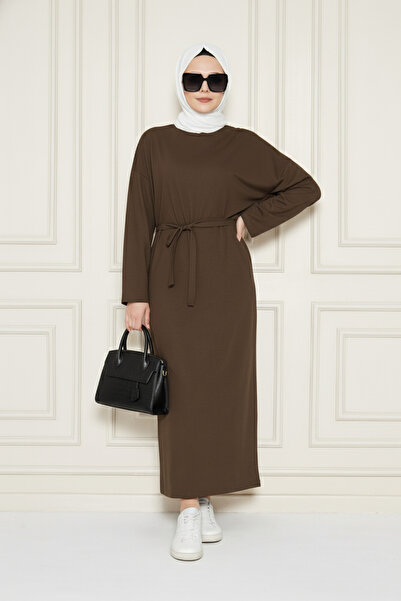 CrazyShopping Γυναικείο μακρυμάνικο βαμβακερό μάξι φόρεμα με στρογγυλή λαιμόκοψη και ζώνη στη μέση