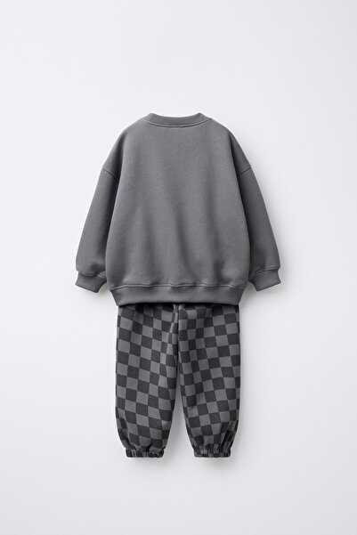 Magu Erkek Çocuk Pamuklu Füme Checkered Desenli Eşofman Takımı - New Heights Yazı Detaylı