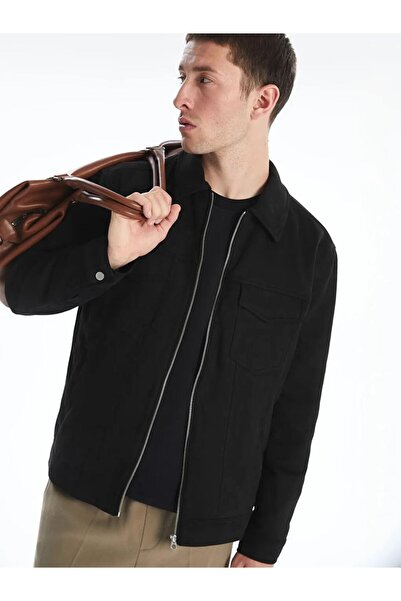 LC Waikiki Black Slim Fit Shirt Collar Suede Men's Coat