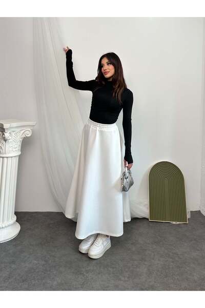 Hatun Atila Elastic Waist Scuba Fabric Flared Skirt 8936 - White
