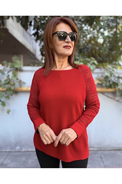 DenizEge Glitter Embroidered Sleeve Detail Sweater Red