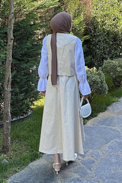 lamelif Gabardine Vest-Skirt Two-Piece Hijab Suit Stone
