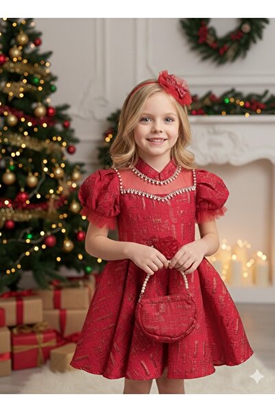 Mini Cool İNCİ VE TAŞ DETAYLI KIRMIZI BROKAR ÇOCUK ABİYESİ