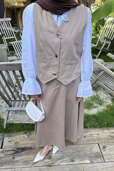 lamelif Gabardine Vest-Skirt Two-Piece Hijab Suit Soft Brown