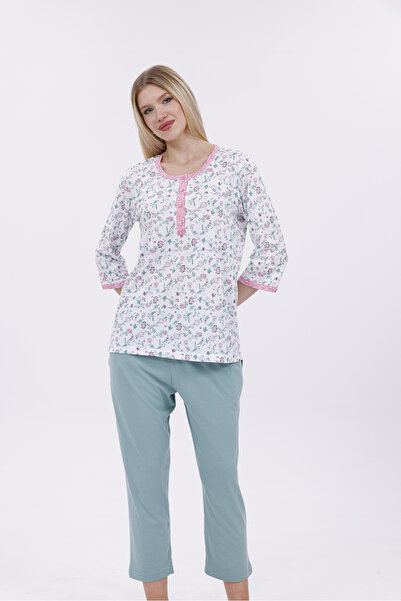 Mio Vero Women's Green Floral Patterned Fakir Sleeve Design Pajama Set