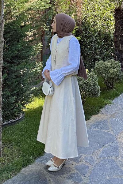 lamelif Gabardine Vest-Skirt Two-Piece Hijab Suit Stone