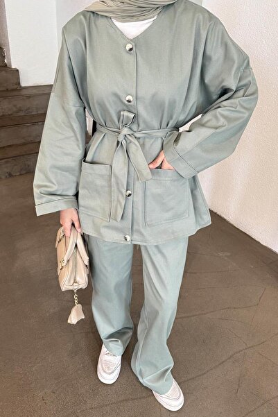 lamelif Belted Gabardine Suit, Green