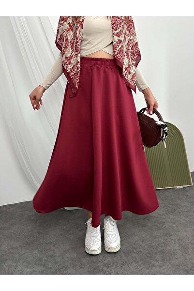 Hatun Atila Elastic Waist Scuba Fabric Flared Skirt 8936 - Red
