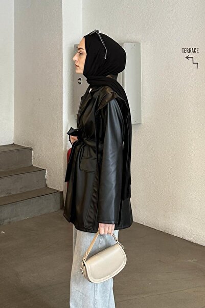 lamelif διπλό πέτο Δερμάτινο μπουφάν με λαιμόκοψη και ζώνη μαύρο