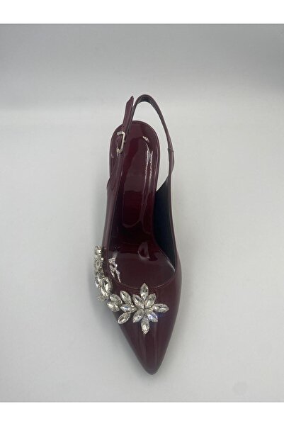 Aslının Butiği Stone Detailed Patent Leather Thin Heeled Women's Shoes – Black & Burgundy