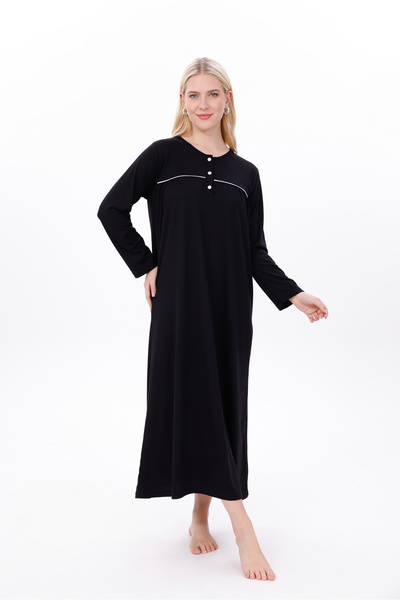 Mio Vero Women's Black Long Sleeve Cotton Plus Size (Oversize) Nightgown