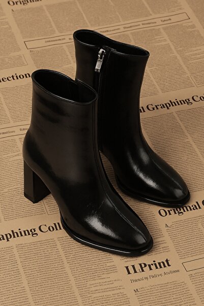 NiceDiffer Almond Toe Black Short Thick Heel Women's Boots