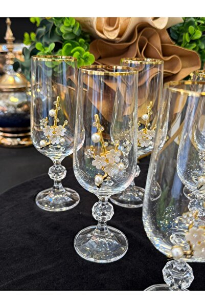 LOKMAN ZÜCCACİYE 6 Pieces Bohemia Crystal Gold Gilded Pearl Brooch Brown or Water Glass Cup 180 ml
