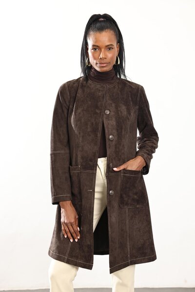 5in1Canpolat Bitter Brown Suede Jacket with Scarf Detail