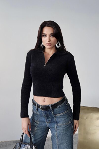 Serica Moda Pulover negru din tricot cu textura moale cu fermoar