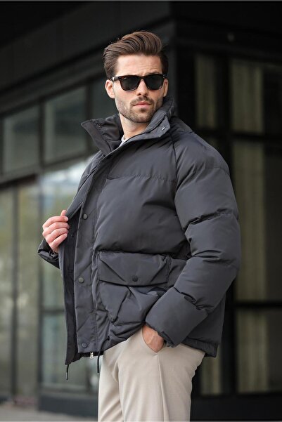 Madmext Anthracite Zippered Snap Closure Inflatable Men's Jacket E7436