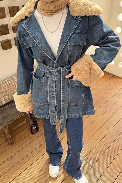 lamelif Γούνινο τζιν μπουφάν τζιν μπλε