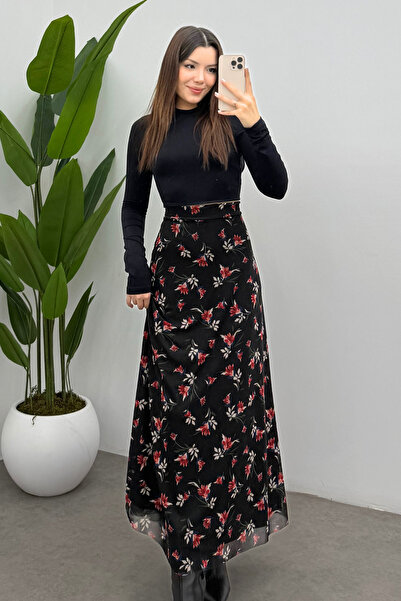 Bipantolon Women's Red Leaf Printed Maxi Tulle Skirt with Back Elastic Detail and Zipper