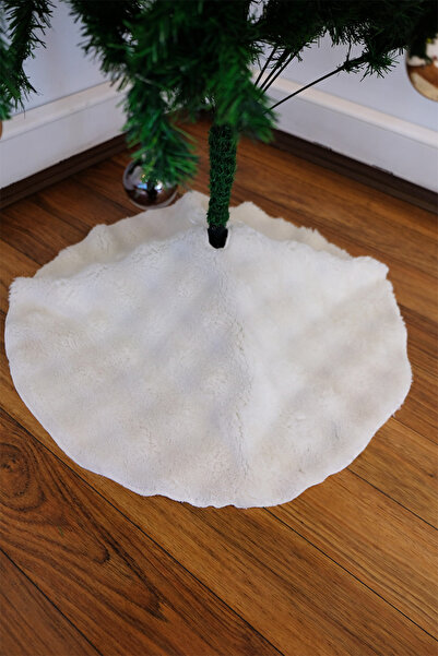 DEKOMOD Plush Cream Christmas Pine Tree Bottom Cover Washable Fabric with Ribbon 70 cm