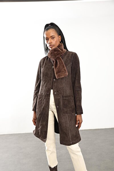 5in1Canpolat Bitter Brown Suede Jacket with Scarf Detail