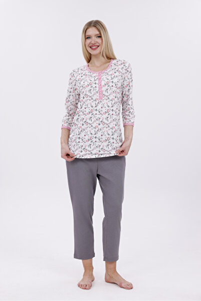 Mio Vero Women's Smoked Floral Patterned Fakir Sleeve Design Pajama Set