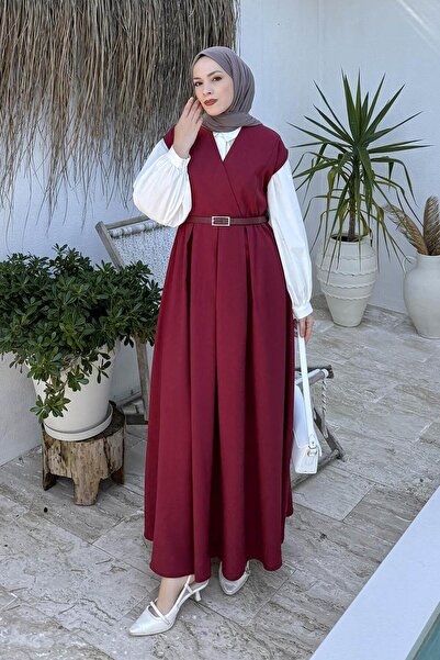 lamelif Pile Detailed Belted Gilet Burgundy