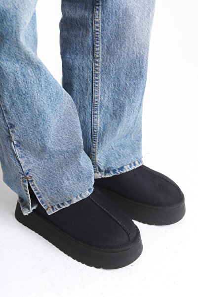 ELAIA SHOES Lumi Black Suede Thick Sole Daily Winter Slippers with Fur Inside