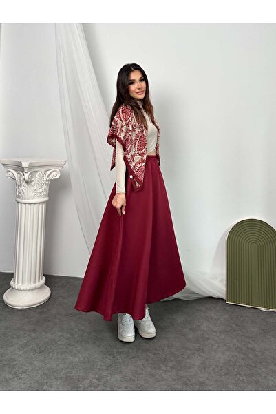 Hatun Atila Elastic Waist Scuba Fabric Flared Skirt 8936 - Red