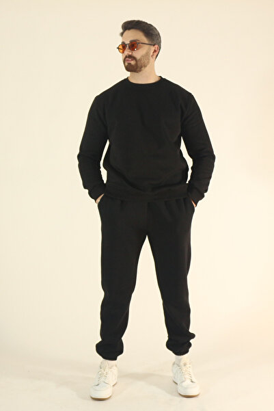 INFLUYENTE Ανδρικό χειμερινό σετ αθλητικής φόρμας Sweatshirt Jogger - Μαύρο κανονικό μαλακό λαιμόκοψη