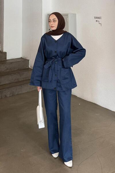 lamelif Belted Gabardine Suit Navy Blue