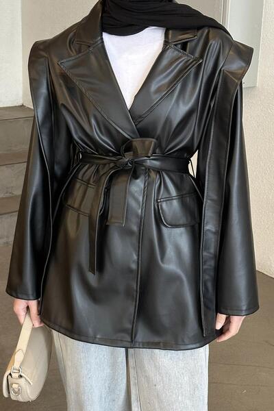 lamelif διπλό πέτο Δερμάτινο μπουφάν με λαιμόκοψη και ζώνη μαύρο