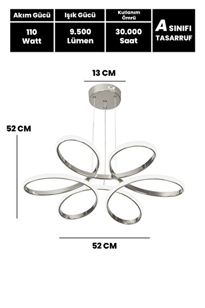 RİZZ 3 Renk Kumandalı Papatya Salon Led Avize Krom Gümüş Kasa Topsuz Ledli Avize