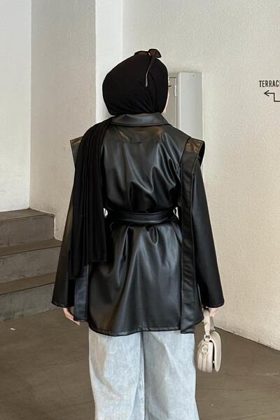 lamelif διπλό πέτο Δερμάτινο μπουφάν με λαιμόκοψη και ζώνη μαύρο