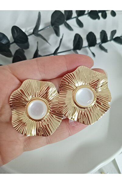 mos&more White Stone Gold Big Flower Women's Earrings