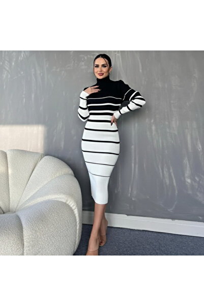 Trend Milano Kadın Siyah Beyaz Çizgili Uzun Triko Elbise