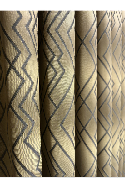 perkoz Prizma Desen Antrasit Çizgili Altın Fon Perde 1/3 Sık Pile