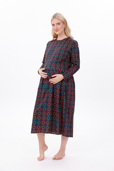 Mio Vero Women's Burgundy Patterned Long Sleeve Cotton Robe Maternity Nightgown