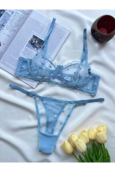 buena blue Kalp Nakışlı Transparan Bralet & Tanga Takım – Romantik Dantel Lin...
